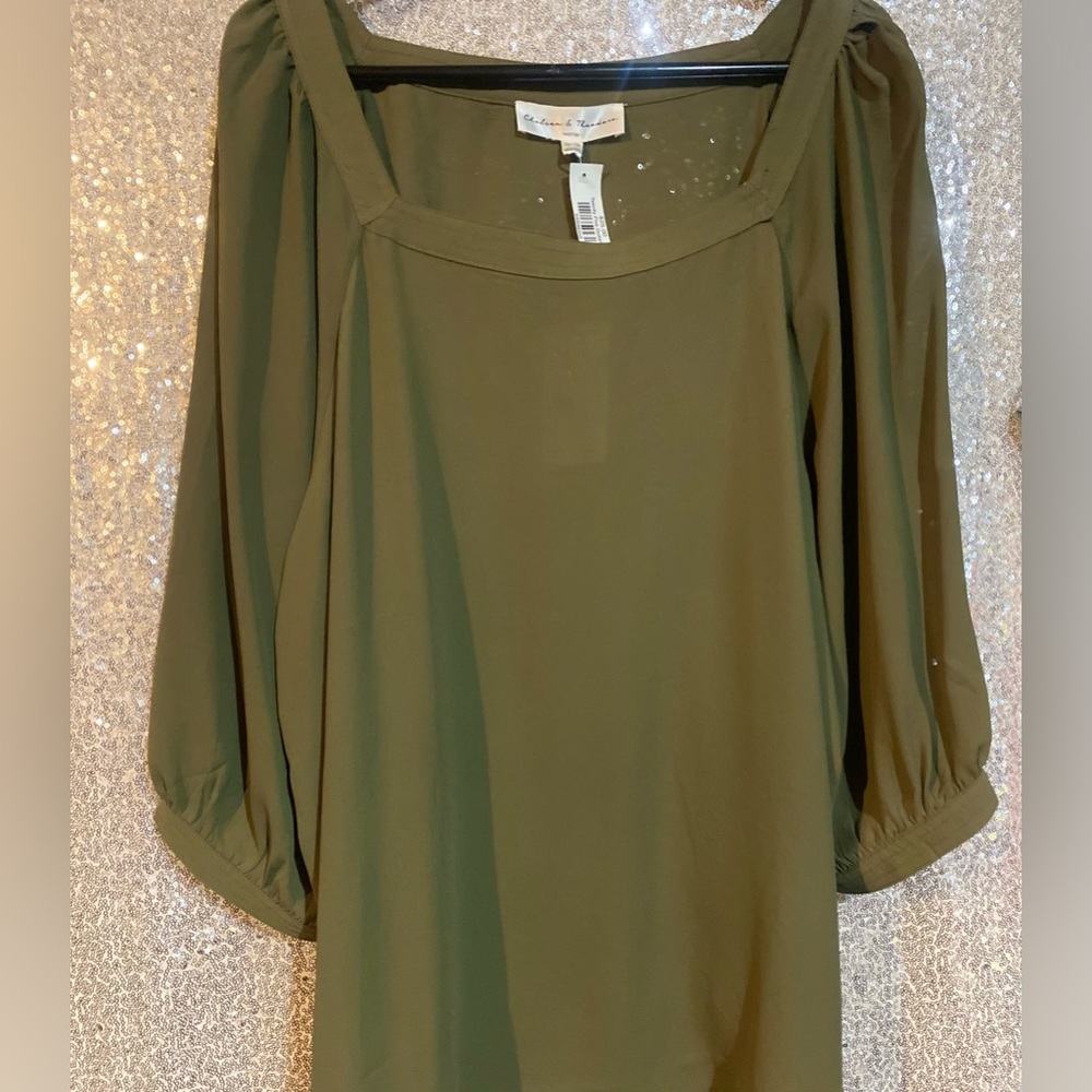 NWT Chelsea &Theodore Olive Green Blouse